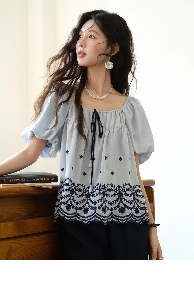 MISHOW Blue Print Blouse Square Neck Lace Up Puff Sleeve MXE36X1799