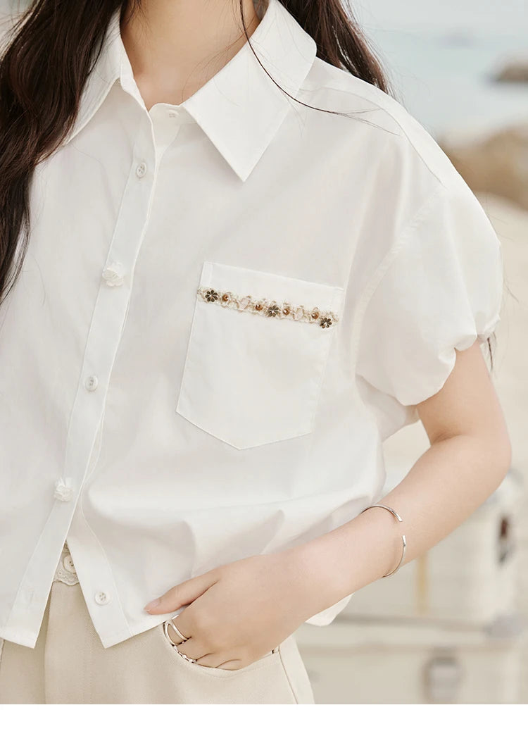 MISHOW Short Puff Sleeve Blouse Turn Down Collar Shell Ribbon MXE33C0773