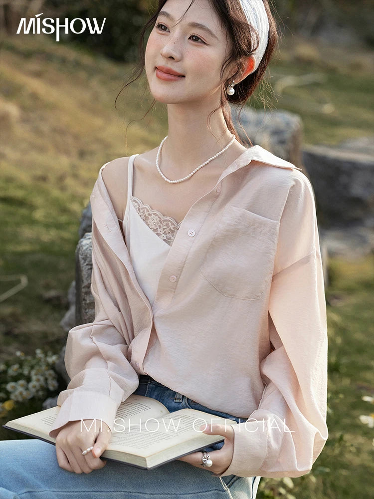 MISHOW Fake Two-Piece Blouse Turn-Down Collar Long Sleeve MXE16C0777