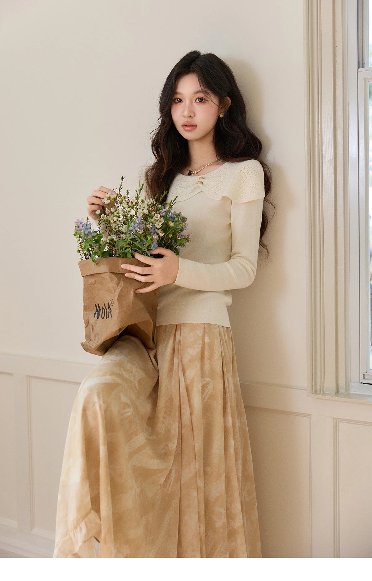 Mishow Beige Asymmetrical Collar Wool Sweater MXF11Z2918