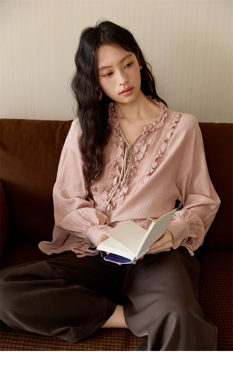 MISHOW Pink Blouse V-Neck Bubble Sleeve Fold Edge MXE45X2485