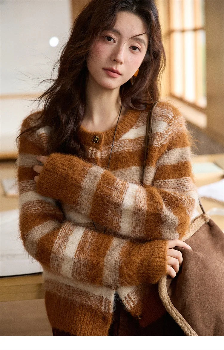 Mishow Retro Striped Round Neck Wool Cardigan MXE87Z2723