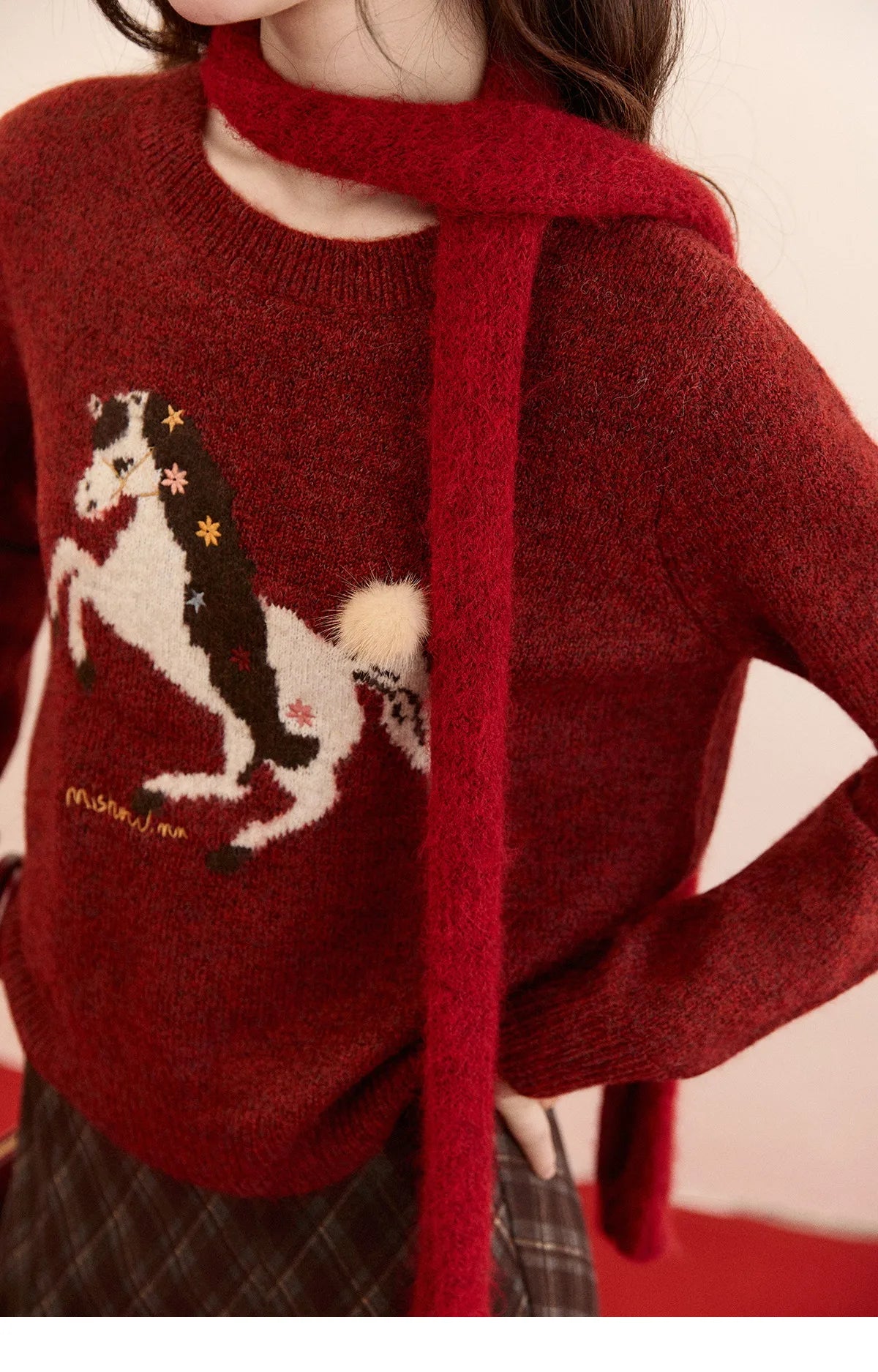 Mishow Christmas Red Jacquard Pony Sweater MXE94Z2861