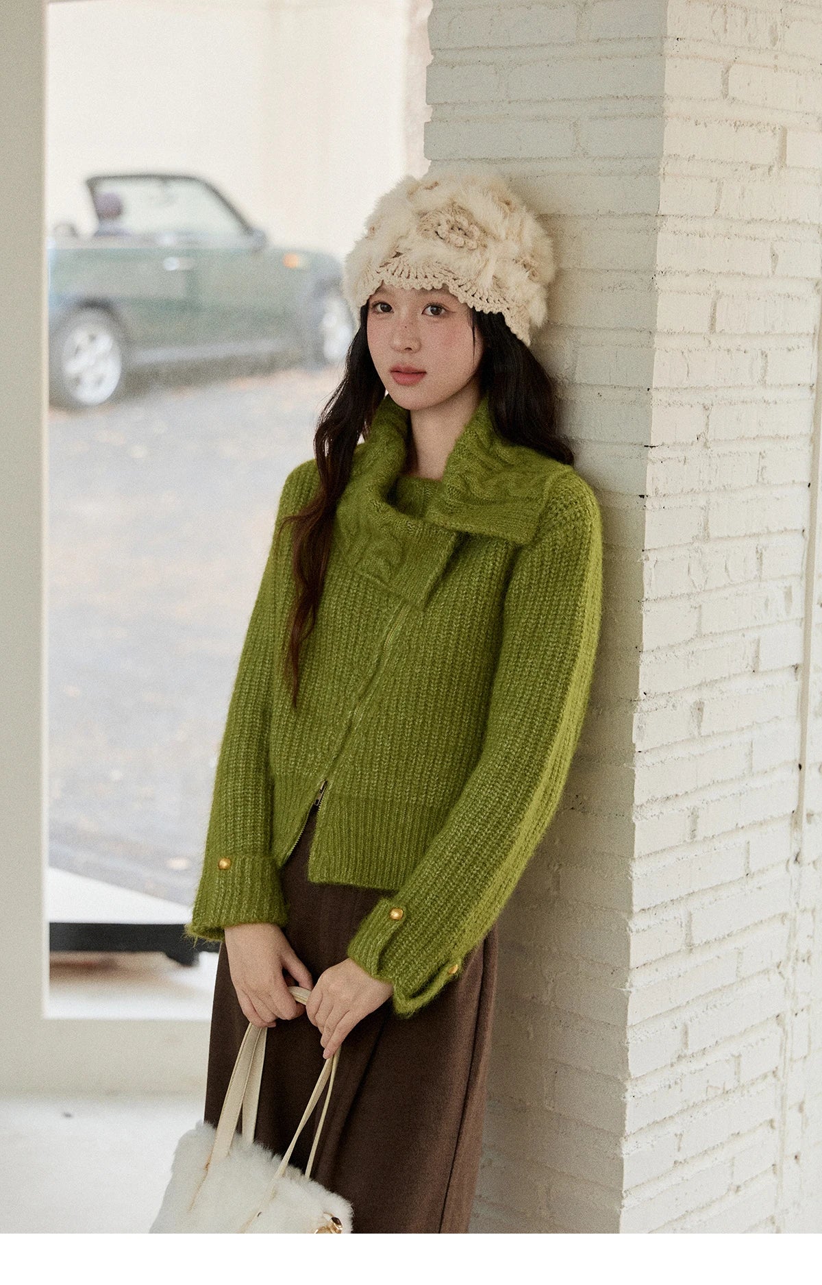 Mishow Green Wool Blend Long-Pile Large Lapel Pullover MXE90Z2760