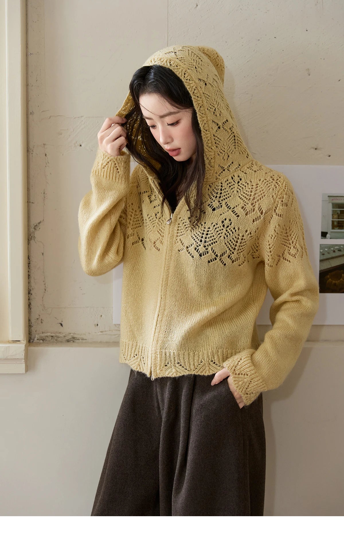 Mishow Yellow Hooded Zipper Hollow Cardigan MXE46Z2584