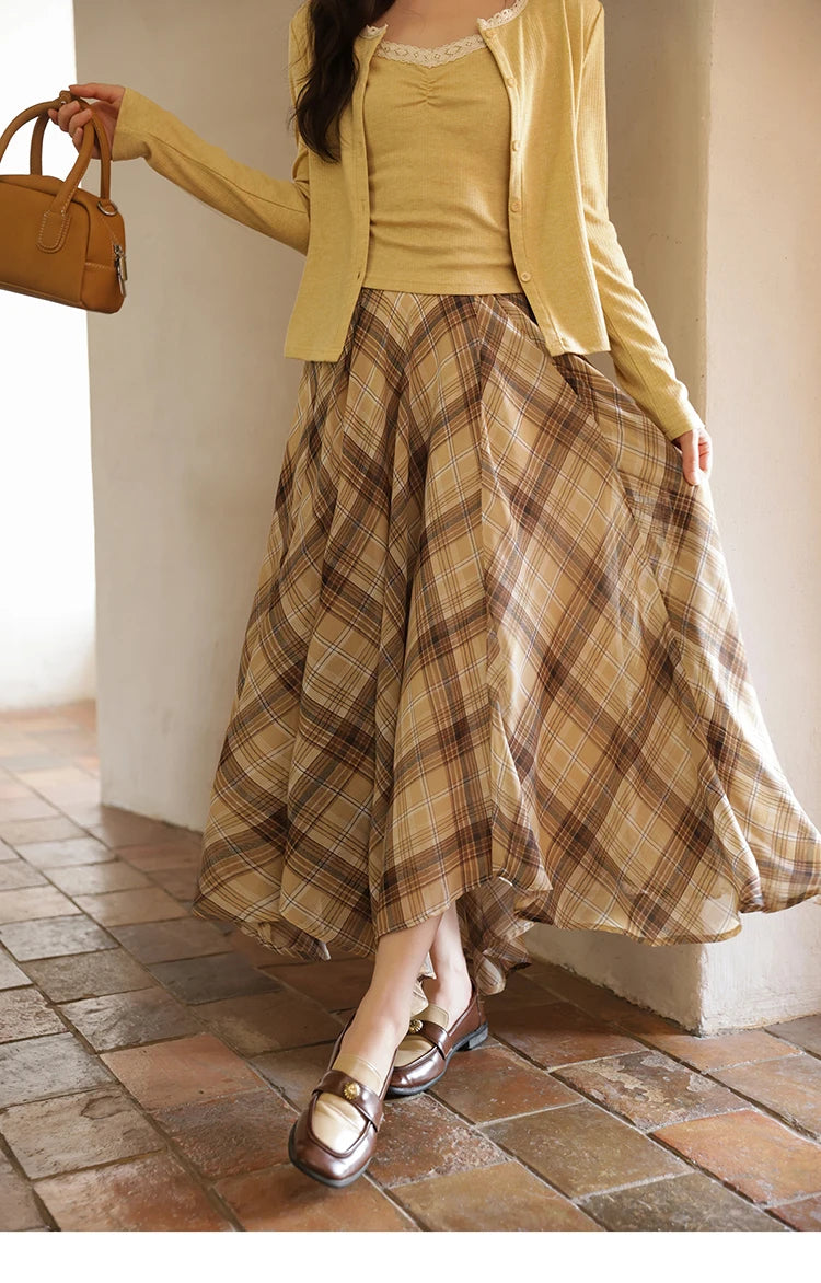 MISHOW Coffee Plaid Skirt Asymmetrical Hem Side Zipper A-Line MXE42B2377