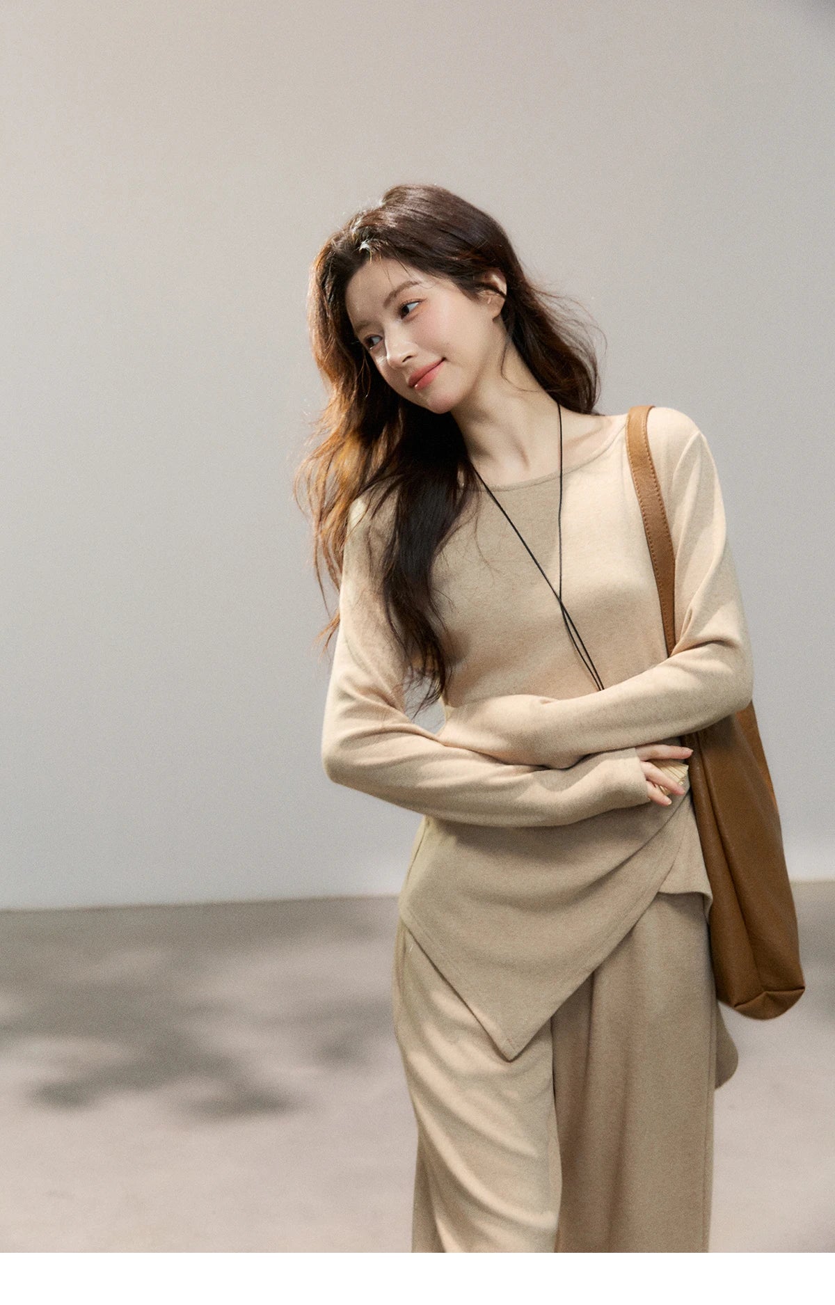 Mishow Khaki Asymmetrical Hem Top & Wide Leg Pants Set MXF11T1465