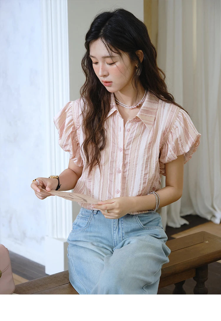MISHOW Pink Turn-Down Collar Shirt Flower Bud Sleeve Striped MXD24C0204