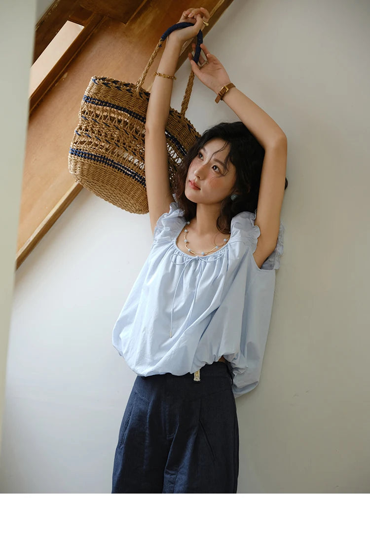 MISHOW Cotton Blouse Puff Sleeve Lace Up O-Neck MXE37X1893