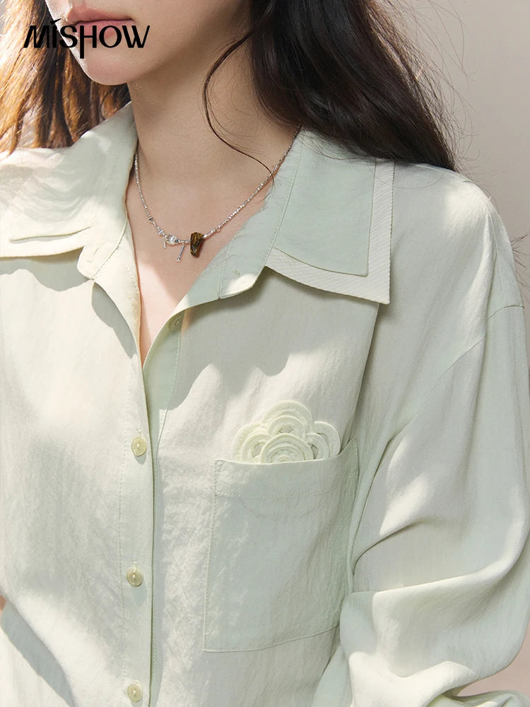 MISHOW Contrast Trim Lapel Shirt Floral Embroidery Pocket MXF13C2440