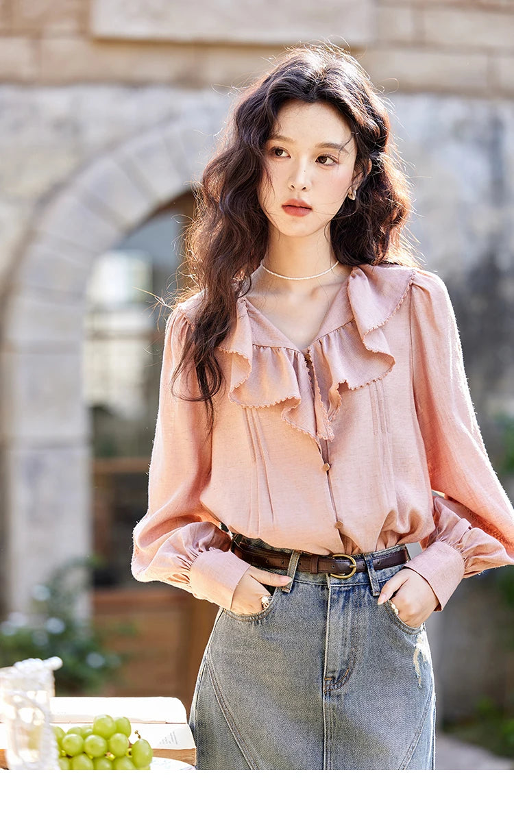 MISHOW Lotus Leaf Collar Shirt Bubble Sleeves Pink Chiffon MXE12X1702