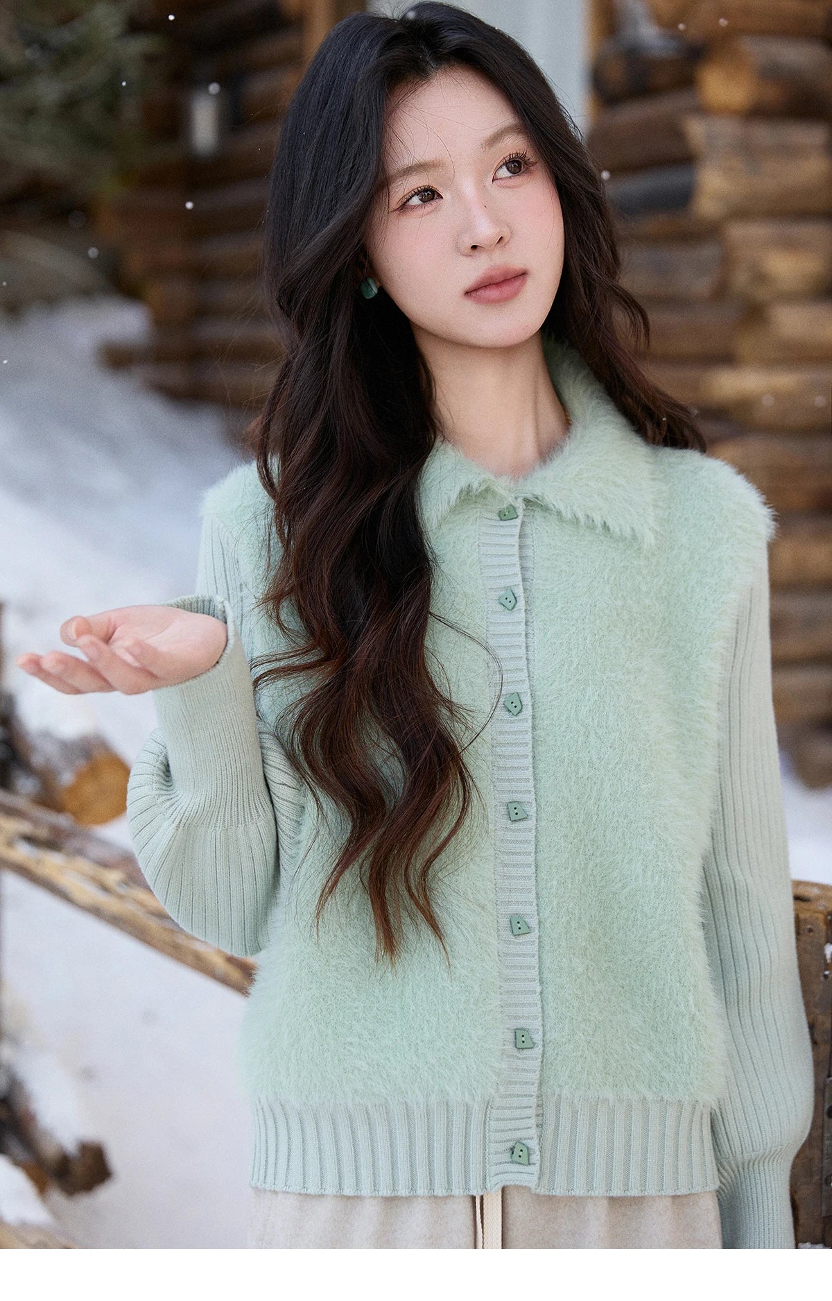 Mishow Green Faux Mink Fur Patchwork Lapel Cardigan MXE86Z2764