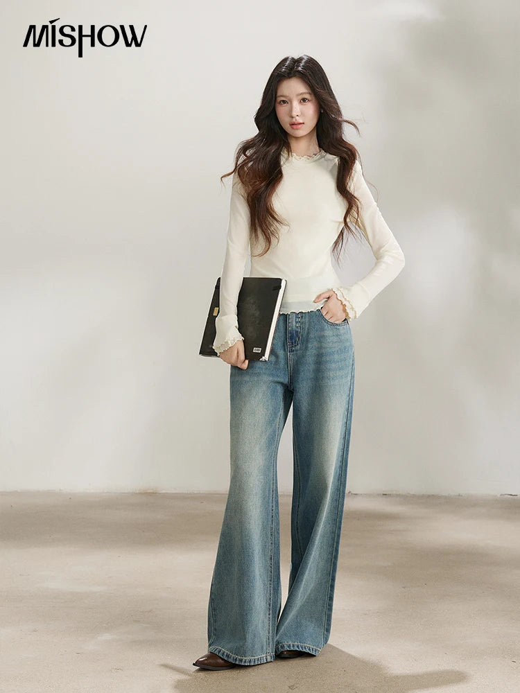 Mishow Vintage Blue Two-Button Wide Leg Jeans MXF108K1005