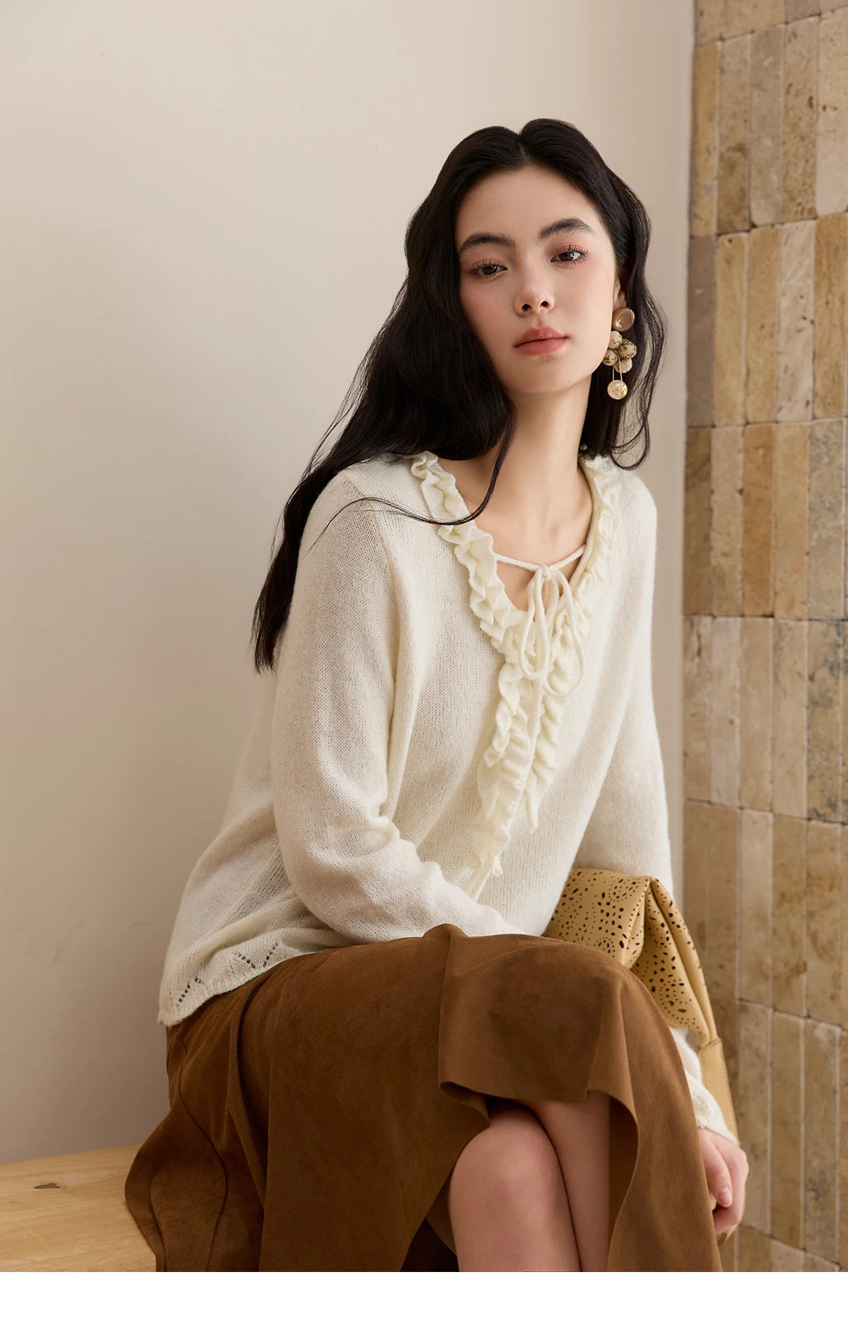Mishow Beige V-Neck Wood Ear Hollow Sweater MXE51Z2595