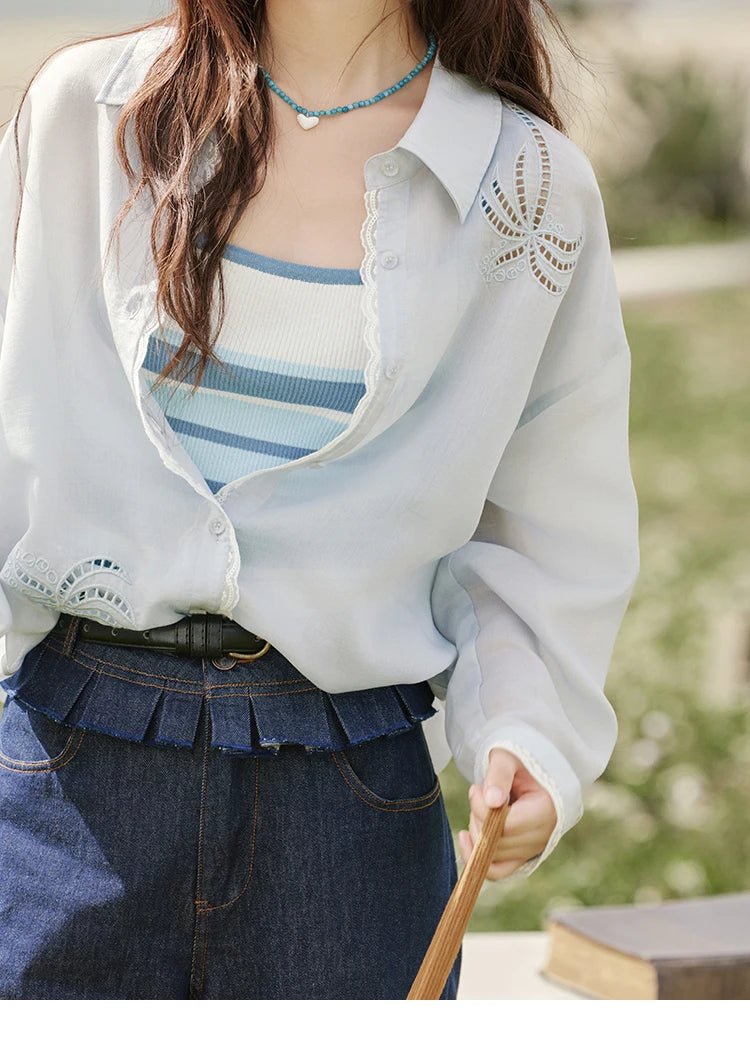 MISHOW Blue Hollow Embroidery Blouse Long Sleeve MXE31C0775