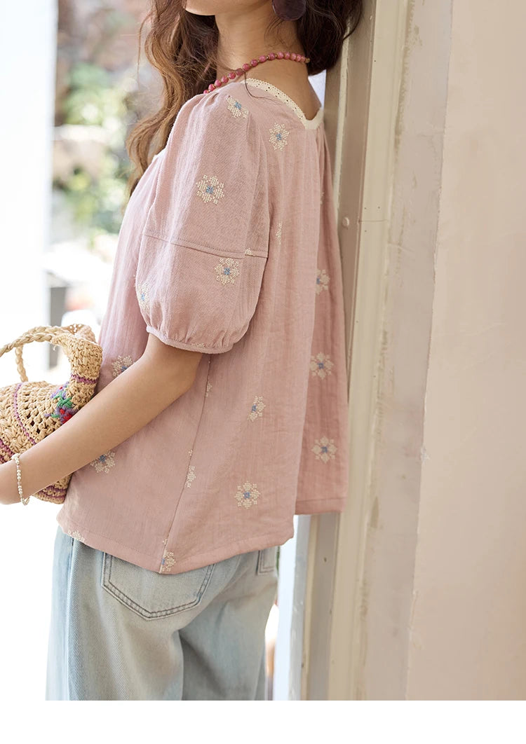 MISHOW Pink Embroidered Linen Blouse Square Collar Lace Patchwork MXE35X1834