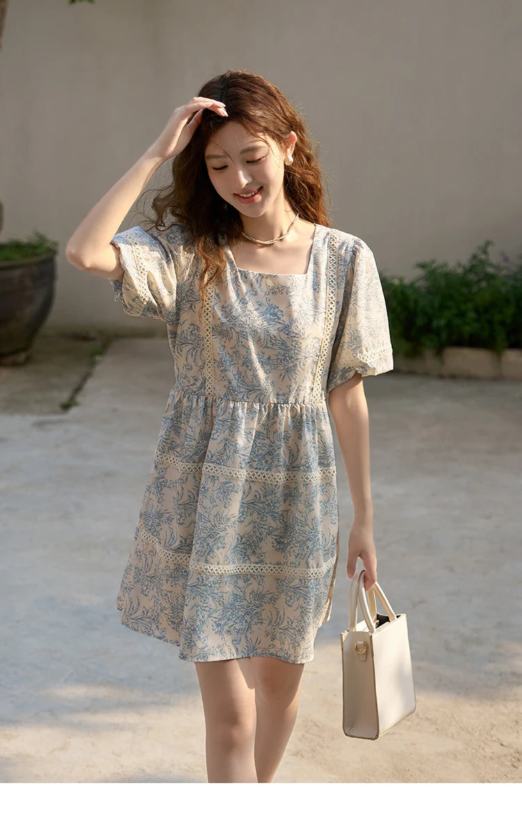 Mishow Square Collar Blue Floral Puff Sleeve Dress MXC38L1520