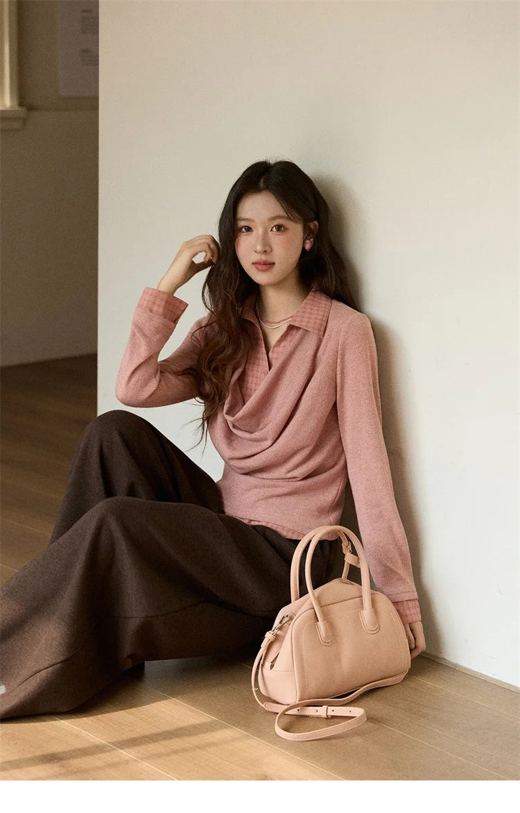 Mishow Pink Faux Two-Piece Plaid Draped Collar Pullover MXE87Z2747