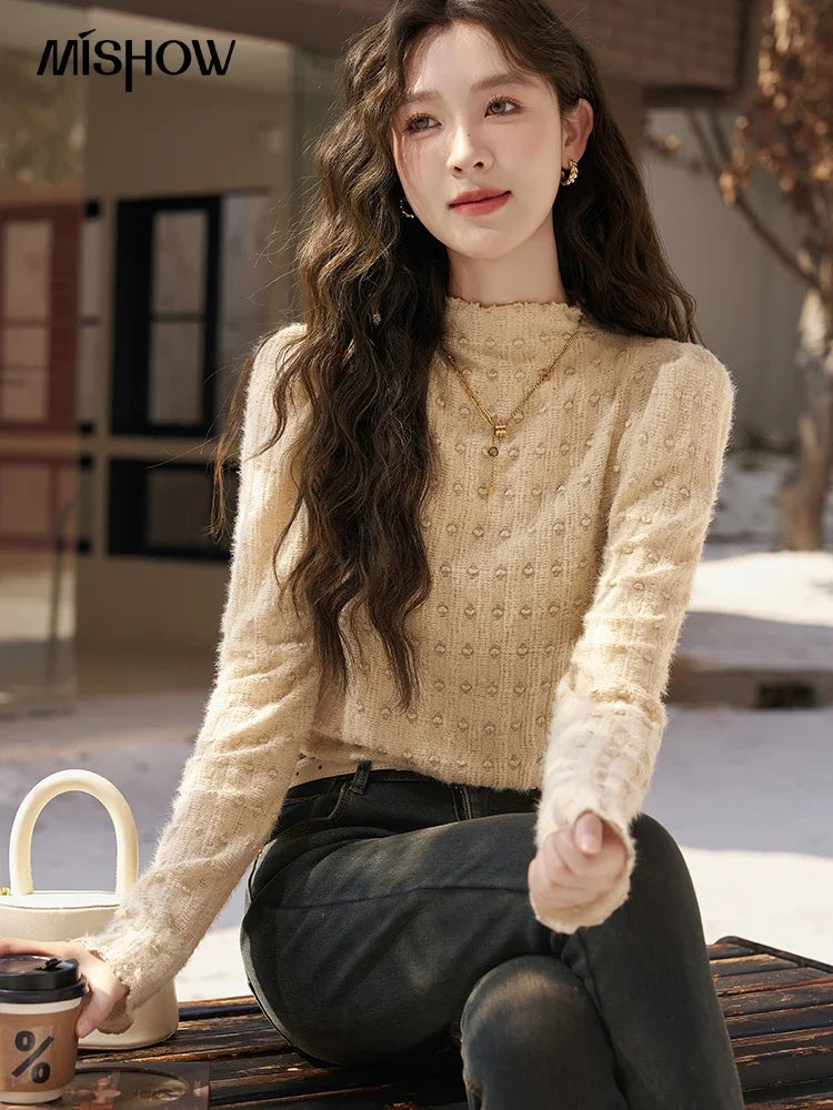 Mishow Lace Mock Neck Bottoming Shirt MXC58Z0481