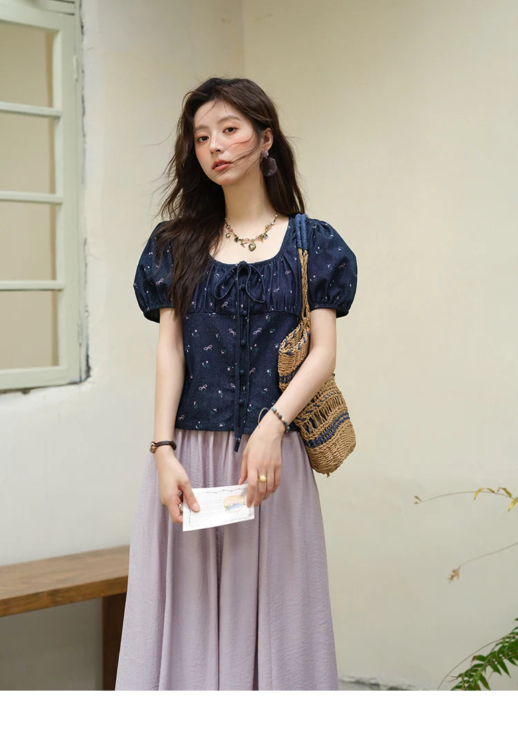 MISHOW Puff Sleeve Square Neck Blouse Lace Up Print Denim MXE39X1933