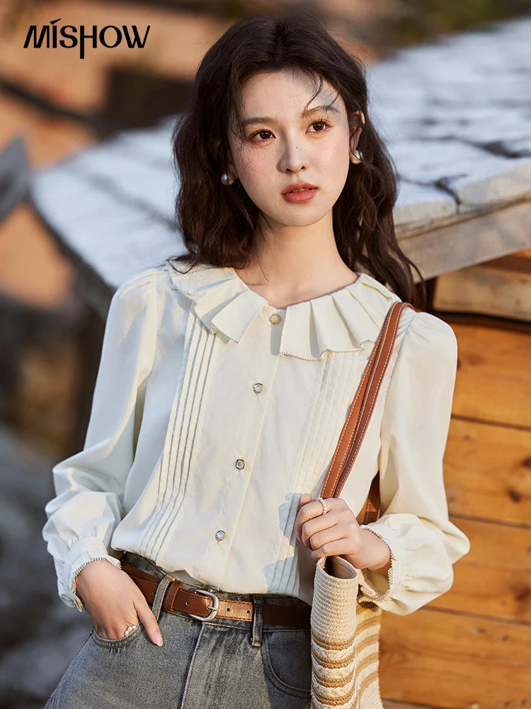 MISHOW Tucker Pleats Doll Neck Shirt Ruffled O Neck MXE12C0401