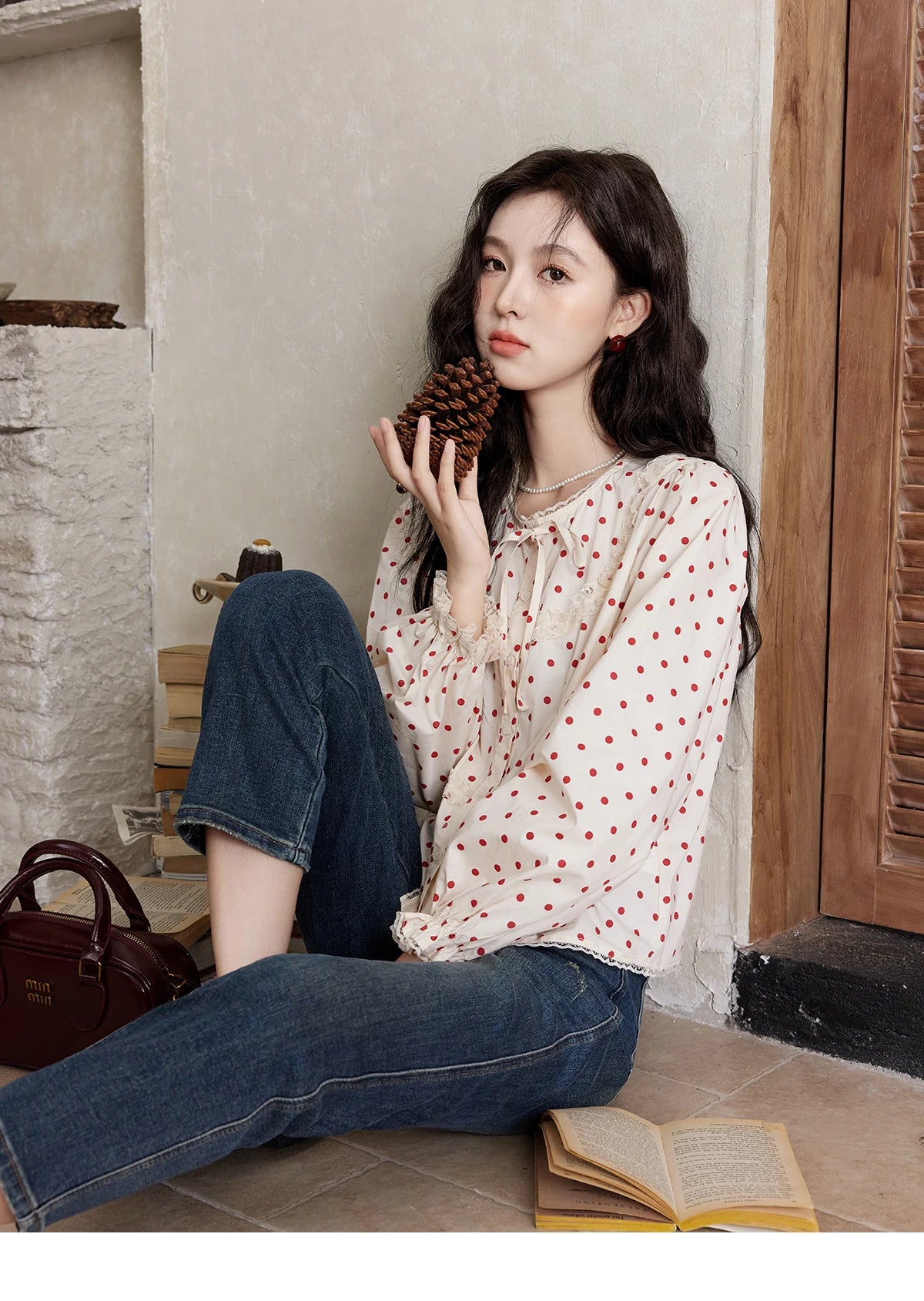 MISHOW Lace Up Polka Dot Round Neck Lace Shirt Elastic Petal Cuffs MXD44X1667