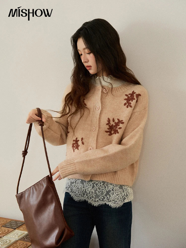 Mishow Floral Embroidery Round Neck Wool Cardigan MXE86Z2724