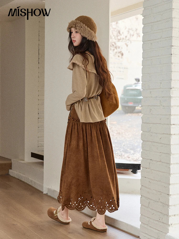 Mishow Retro Brown 3D Flower Decoration Round Neck Top MXE51Z2593