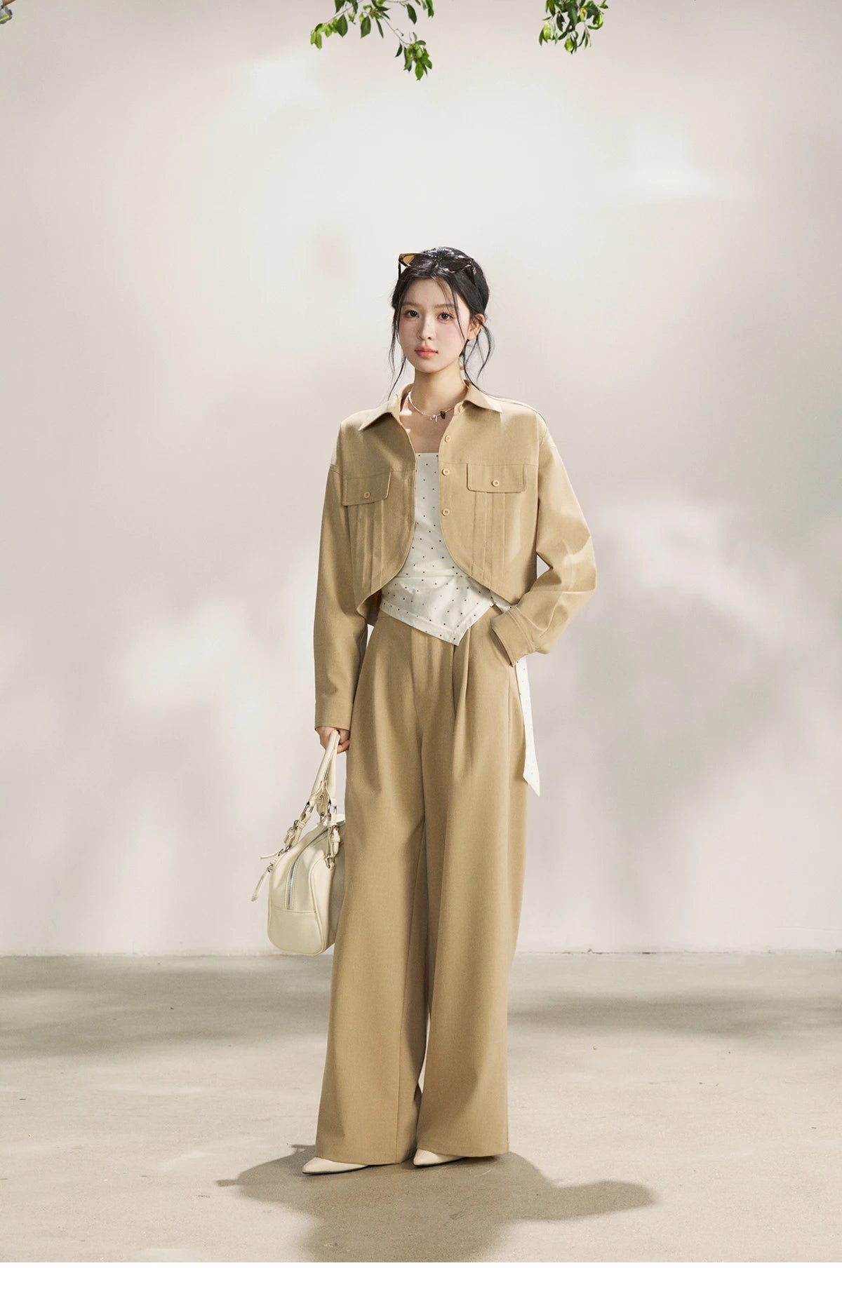 Mishow Khaki Cropped Jacket & Polka Dot Vest & Wide Leg Pants Three-Piece Set MXF13T1478