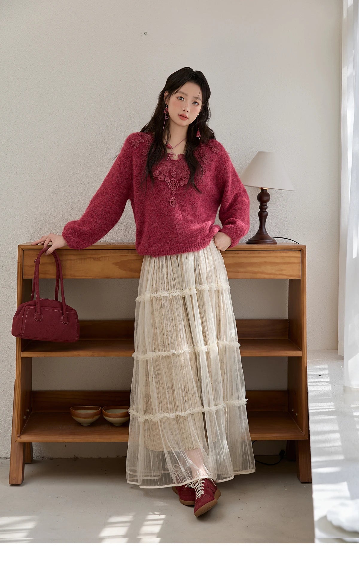 Mishow Pink Lace Wool V-Neck Lantern Sleeve Pullover MXE51Z2632