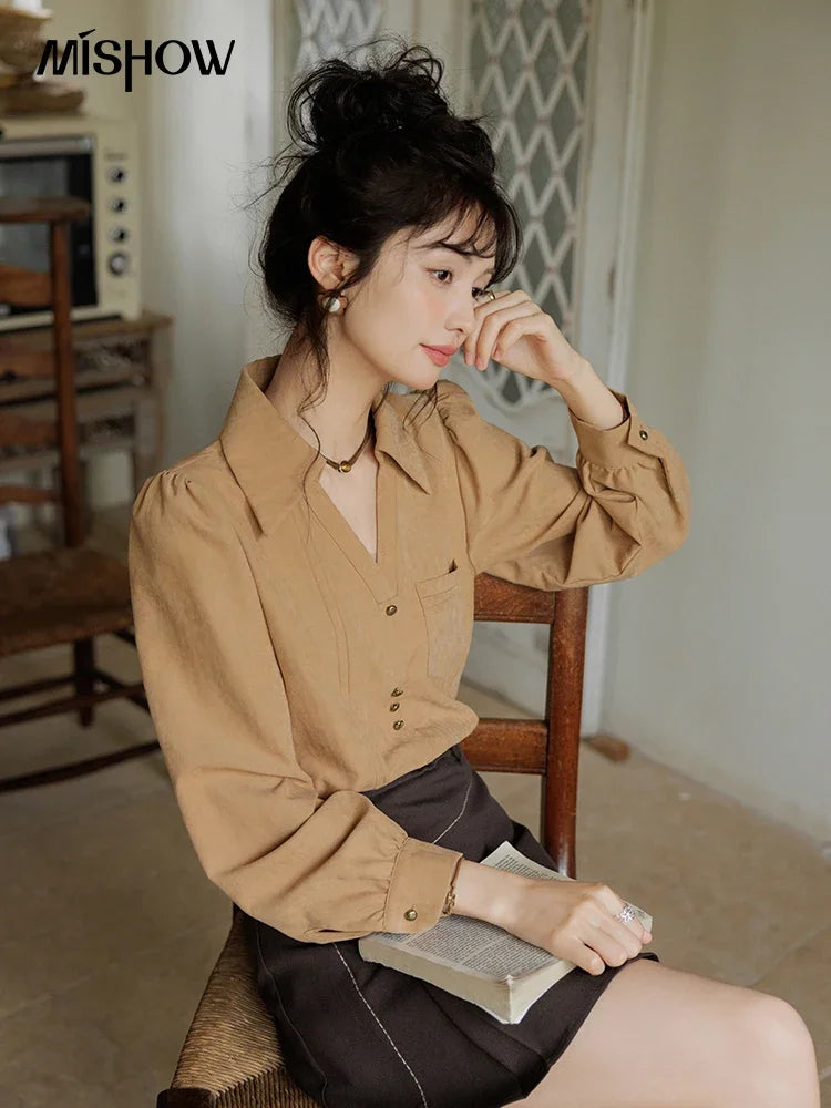 MISHOW French Lapel V-Neck Shirt Retro Button Pockets MXD43C0306