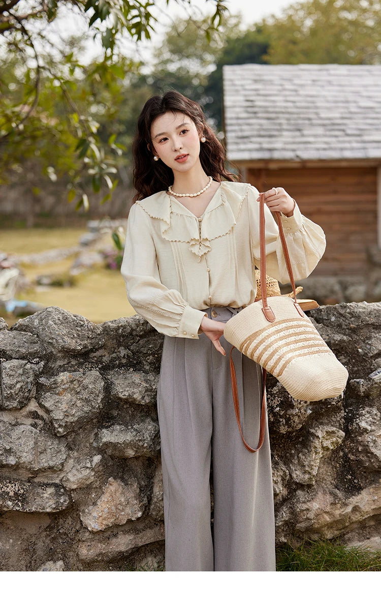 MISHOW Lotus Leaf Collar Shirt Bubble Sleeves Pink Chiffon MXE12X1702