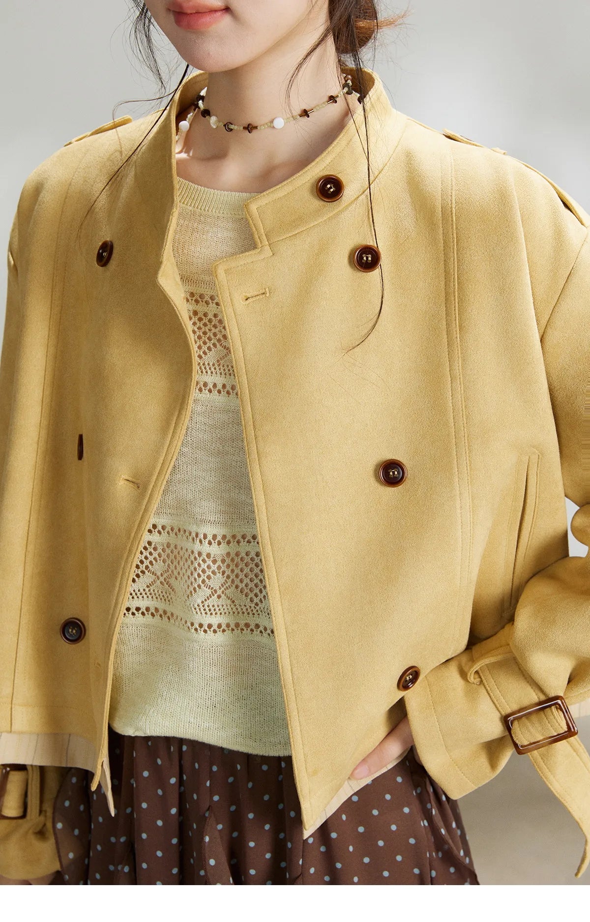 Mishow Yellow Double-Breasted Stand Collar Trench MXF11W1026