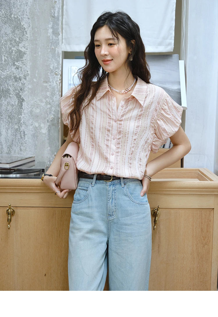 MISHOW Pink Turn-Down Collar Shirt Flower Bud Sleeve Striped MXD24C0204