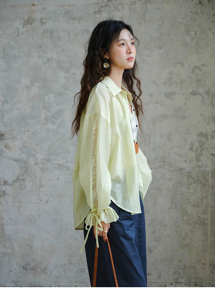 MISHOW Women's Patchwork Lace Shirt Lapel Drop Sleeve Drawstring Cuffs MXE31C0789