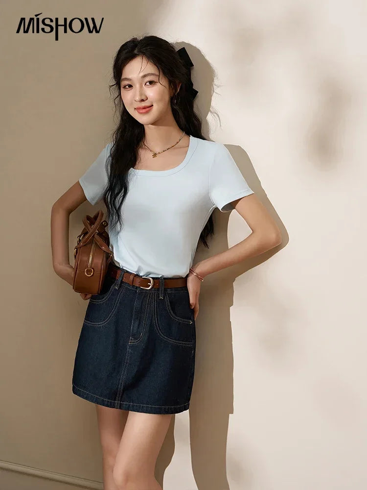 Mishow Solid Square Neck Cotton Tee MXC12T0641