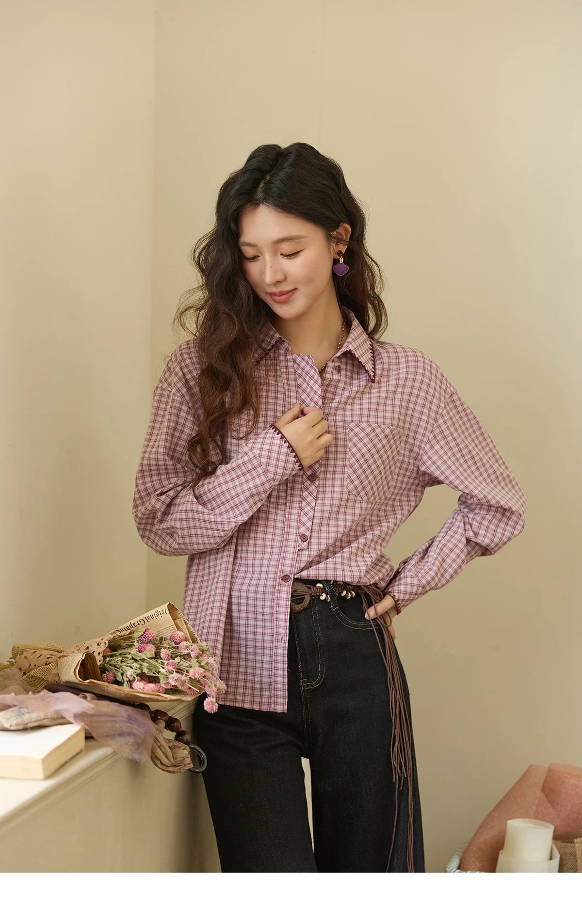 MISHOW Purple Plaid Shirt Contrast Embroidery Pocket MXE44C2394
