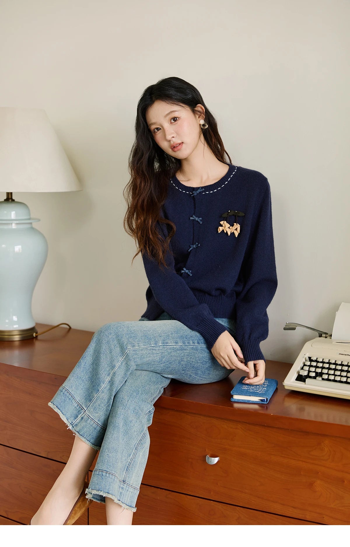 Mishow Bow Placket Lantern Sleeve Cardigan with Brooch MXE45Z1377