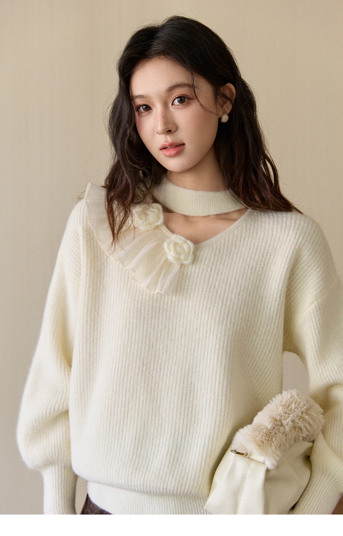 Mishow Cutout Neck Ruffle Flower Lantern Sleeve Pullover MXE94Z2982