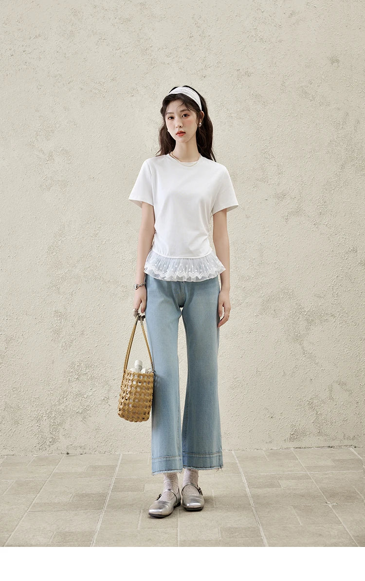 Mishow Lace Hem Splicing Round Neck Tee MXE31T0528