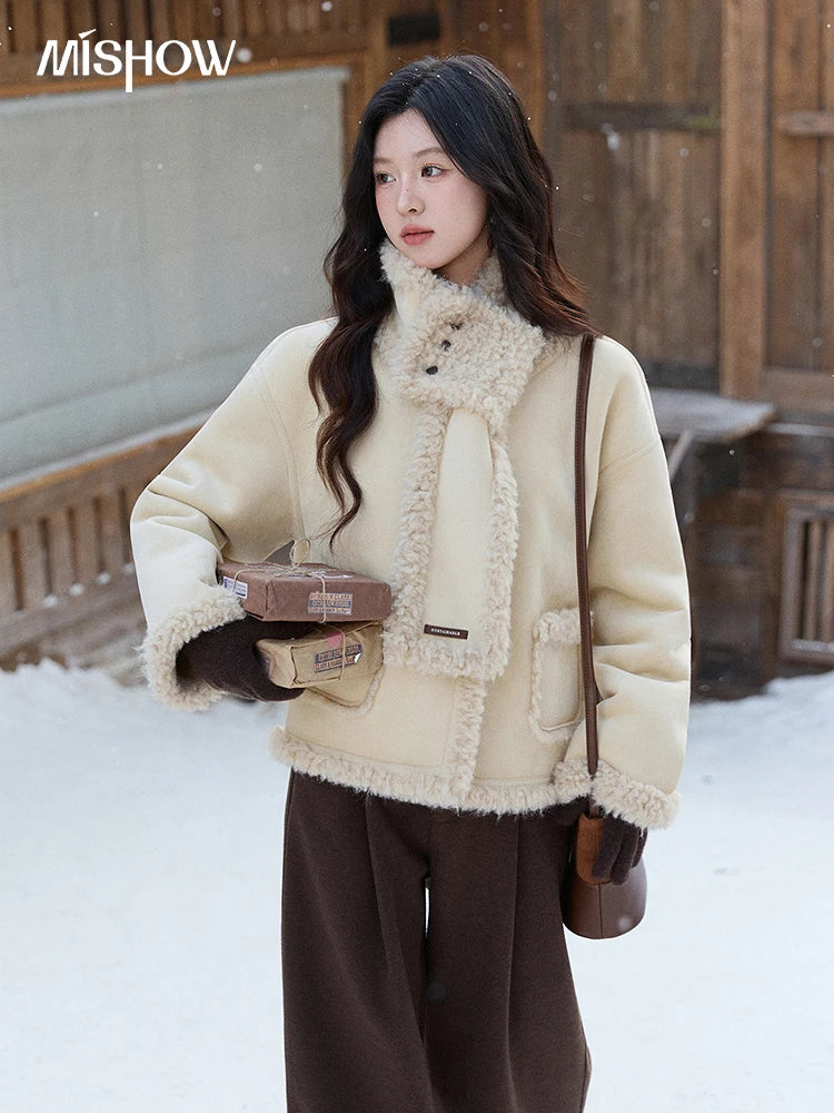 Mishow Cream Yellow Faux Suede Coat with Matching Scarf MXE91W1019