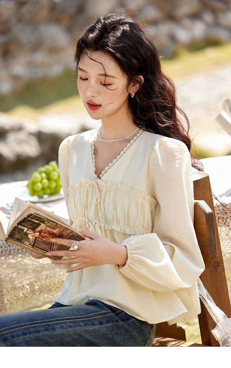 MISHOW Jacquard Lace V-Neck Blouse Ruffled Wavy Puff Sleeve MXE12C0397