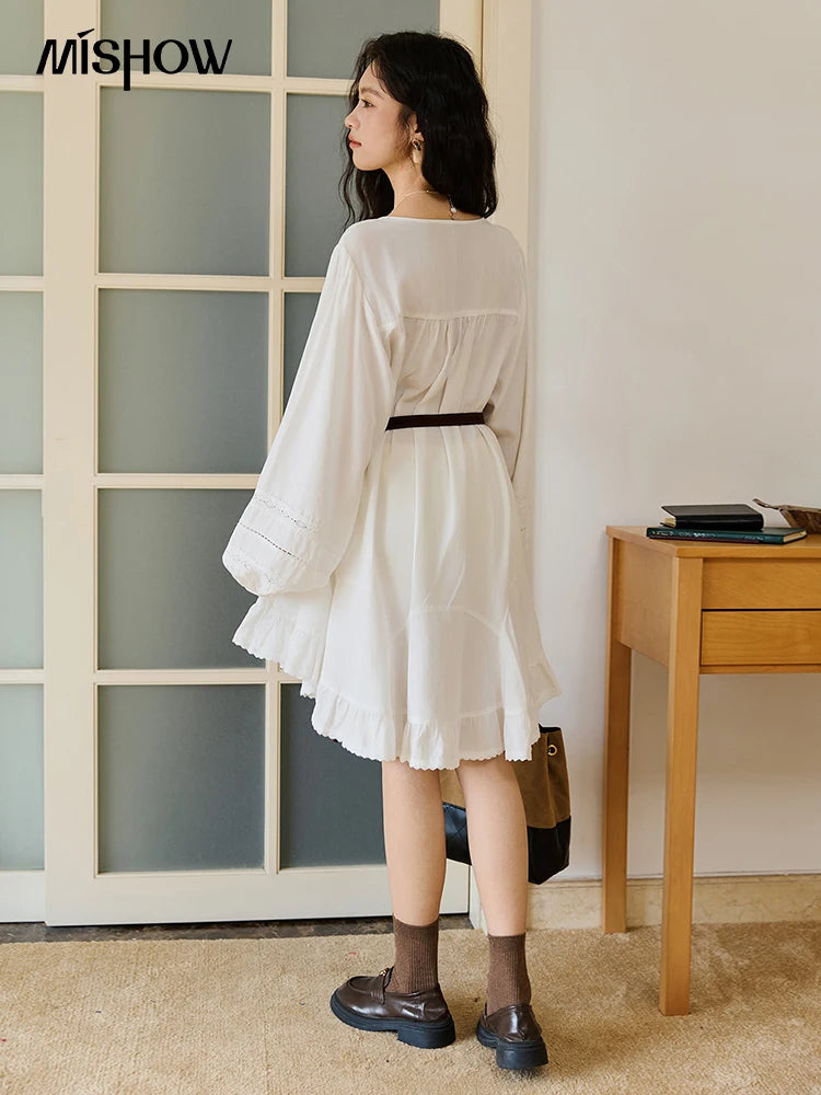 Mishow French O-Neck Lace Ruffled Lantern Sleeve Dress MXE46L2519