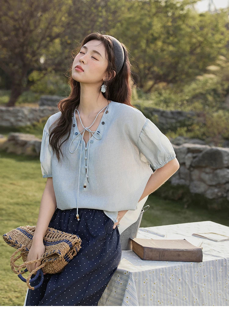 MISHOW Solid V-Neck Blouse Short Puff Sleeve Lace-Up MXE33X1743
