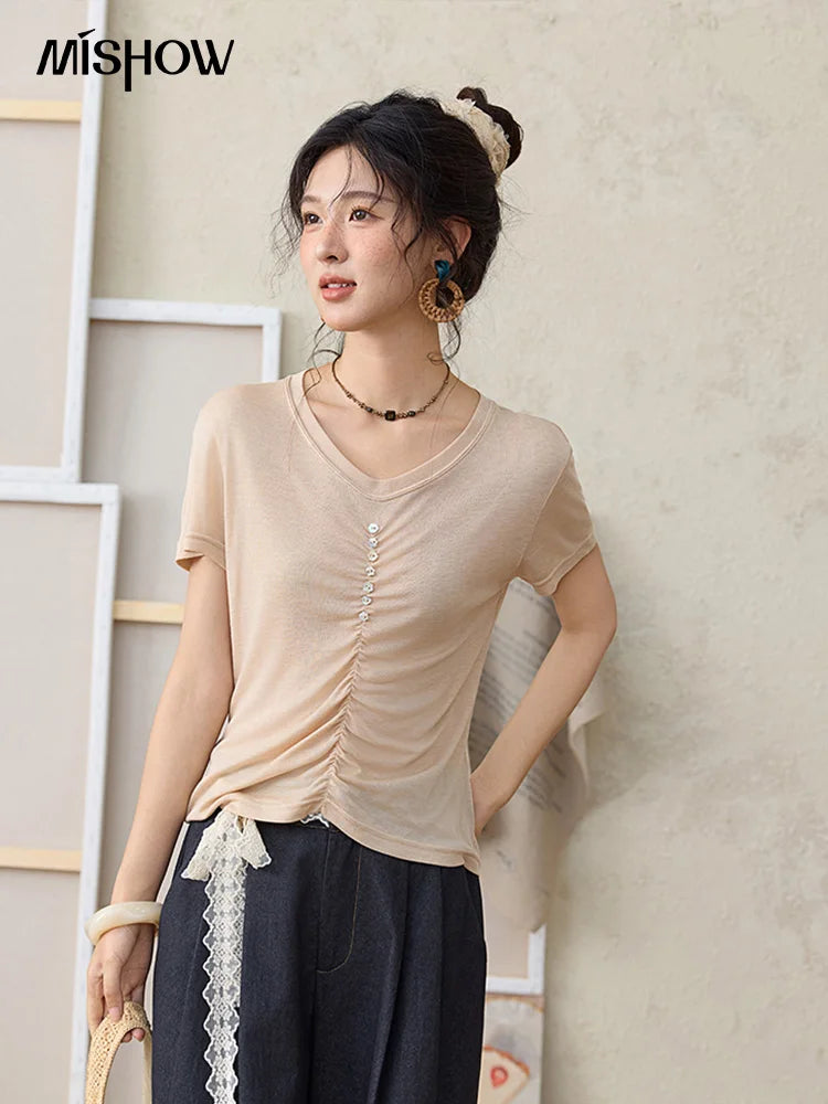 Mishow V-Neck Front Elastic Shell Button Tee MXE34T0560
