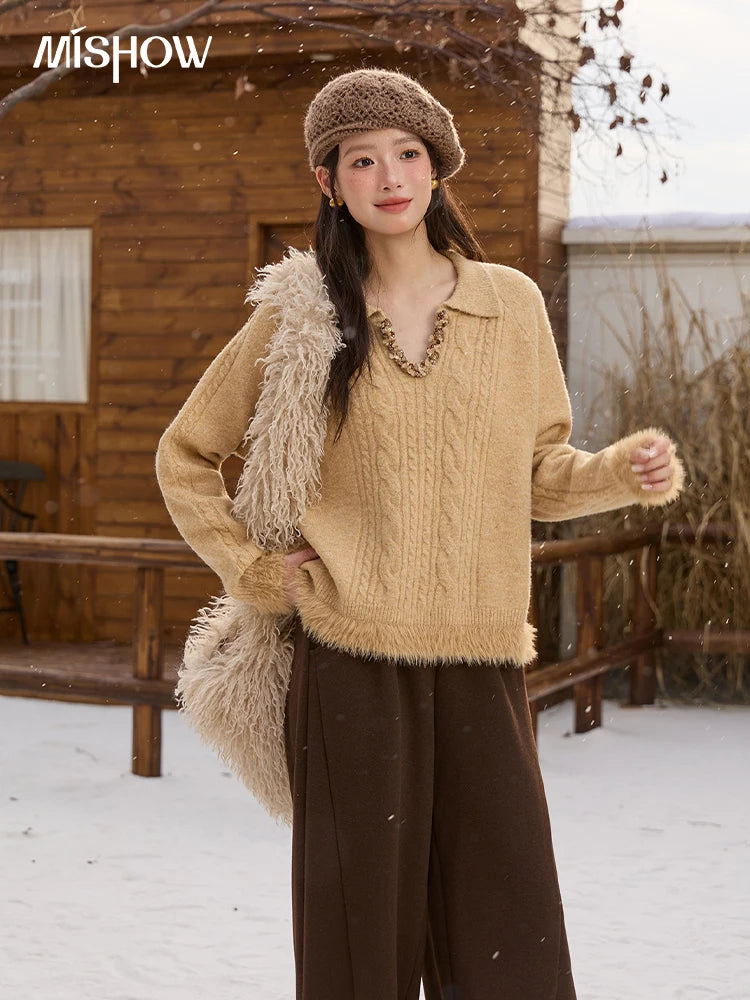 Mishow Yellow Cable Plush Hem Stitching Sweater MXE88Z2674