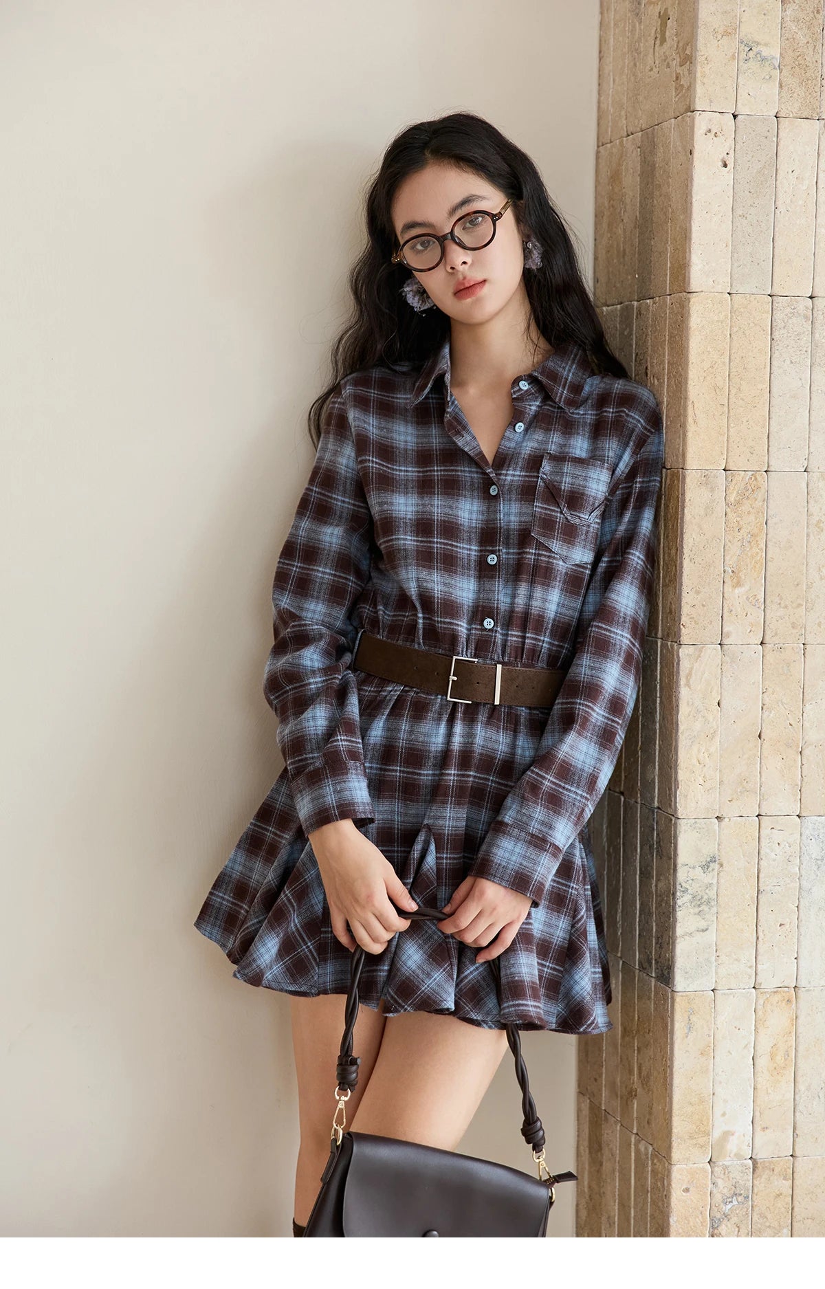 Mishow Blue Plaid Turn-Down Collar Belt Dress MXE48L2525
