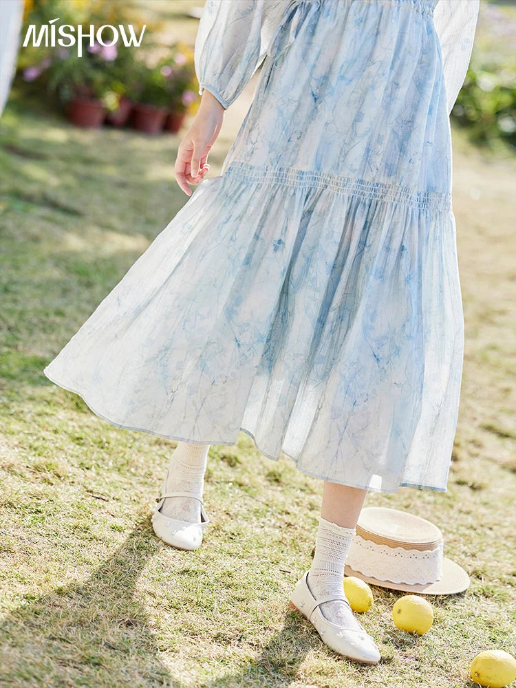 Mishow Blue Floral Chiffon Drawstring Lantern Sleeve Dress MXE16L2114