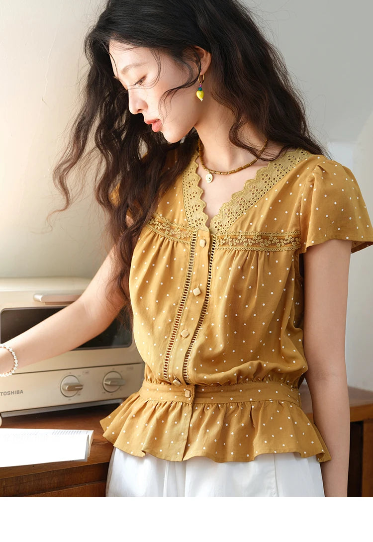 MISHOW V-Neck Lace Polka Dot Blouse Ruffled Button MXE38X1847