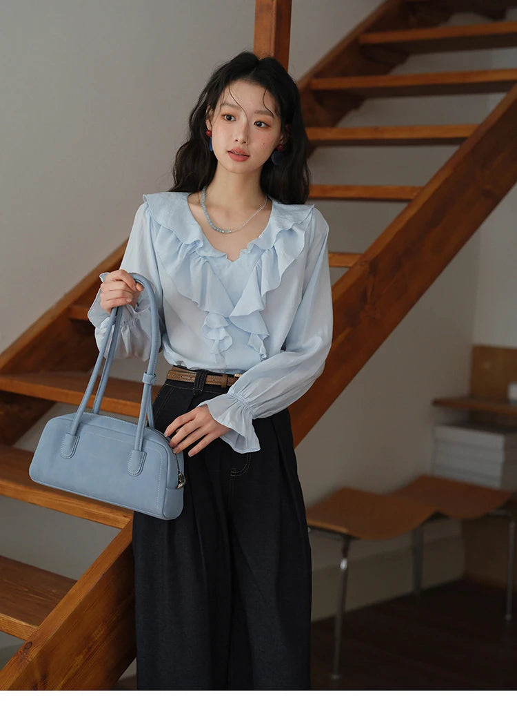 MISHOW Blue Lyocell Ruffled Shirt Flared Sleeves MXE41X1969